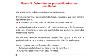 Passo 3: Determine as probabilidades dos
resultados
Até agora temos todos os resultados do experimento.
Devemos determinar a probabilidade de cada resultado, que é um número
real entre 0 and 1.
➜ A soma das probabilidades de todos os resultados deve ser 1.
As probabilidades dos resultados são determinadas pelo fenômeno que
esta- mos modelando e não são quantidades que podem ser derivadas
matematica- mente.
No entanto, técnicas matemáticas podem nos ajudar a calcular a
probabilidade de cada resultado baseado em decisões de modelagem.
Vamos resolver este problema em dois estágios:
1. Cálculo da probabilidade de cada aresta do caminho, e
2. Cálculo da probabilidade de cada resultado.
·
 