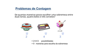 De quantas maneiras posso escolher uma sobremesa entre
duas tortas, quatro bolos e três sorvetes?
  
2 4 3
= 2+4+3 possibilidades
= 9 maneiras para escolha da sobremesa
Problemas de Contagem
 