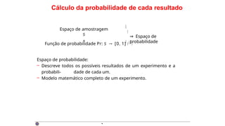 Cálculo da probabilidade de cada resultado
Espaço de amostragem
S
+
Função de probabilidade Pr: S → [0, 1] 

Espaço de probabilidade:
– Descreve todos os possíveis resultados de um experimento e a
probabili- dade de cada um.
– Modelo matemático completo de um experimento.




⇒ Espaço de
probabilidade
·
 