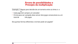 Árvore de possibilidades e
Princípio da multiplicação
Exemplo 1 Regras para decisão de um torneiro entre os times A e
B:
– Cada jogo tem sempre um vencedor
– O time para ser campeão deve vencer dois jogos consecutivos ou um
total de três jogos
De quantas formas diferentes o torneio pode ser jogado?
·
 