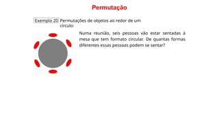 Permutação
Exemplo 20 Permutações de objetos ao redor de um
círculo:
Numa reunião, seis pessoas vão estar sentadas à
mesa que tem formato circular. De quantas formas
diferentes essas pessoas podem se sentar?
 