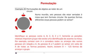 Permutação
Exemplo 20 Permutações de objetos ao redor de um
círculo:
A
Numa reunião, seis pessoas vão estar sentadas à
mesa que tem formato circular. De quantas formas
diferentes essas pessoas podem se sentar?
Identifique as pessoas como A, B, C, D, E e F. Somente as posições
relativas importam já que não existe uma identificação de assento na mesa.
Por exemplo, comece com A e considere todos os arranjos das outras
pessoas em relação a A. As pessoas B a F podem se sentar em volta de
A de todas as formas possíveis. Assim, existem 5! = 120 formas de
arranjar o grupo.
·
 