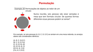 Permutação
Exemplo 20 Permutações de objetos ao redor de um
círculo:
A
Numa reunião, seis pessoas vão estar sentadas à
mesa que tem formato circular. De quantas formas
diferentes essas pessoas podem se sentar?
Por exemplo, se seis pessoas (A, B, C, D, E,F) se sentam em uma mesa redonda, os arranjos
abaixo são considerados idênticos:
(A, B, C, D,E,F)
(B, C, D, E,F,A)
(C, D, E,F,A, B)
(D, E,F,A, B, C)
(E,F,A, B, C,D)
(F,A, B, C,D,E)
 
