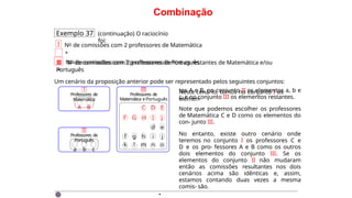 Combinação
Exemplo 37 (continuação) O raciocínio
foi:
I No de comissões com 2 professores de Matemática
×
II No de comissões com 3 professores de Português
×
F G
C
H
D
I
E
J
d e
f g h i j
k l m n o
I
Professores de
Matemática
A B
II
Professores de
Português
a b c
III
Professores de
Matemática e Português
III No de comissões com 2 professores dentre os restantes de Matemática e/ou
Português
Um cenário da proposição anterior pode ser representado pelos seguintes conjuntos:
Neste cenário, temos no conjunto I os
elemen-
tos A e B, no conjunto II os elementos a, b e
c, e no conjunto III os elementos restantes.
Note que podemos escolher os professores
de Matemática C e D como os elementos do
con- junto III.
No entanto, existe outro cenário onde
teremos no conjunto I os professores C e
D e os pro- fessores A e B como os outros
dois elementos do conjunto III. Se os
elementos do conjunto II não mudaram
então as comissões resultantes nos dois
cenários acima são idênticas e, assim,
estamos contando duas vezes a mesma
comis- são.
·
 