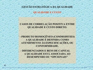 CASOS DE CORRELAÇÃO POSITIVA ENTRE
QUALIDADE E CUSTO DIRETO:
- PRODUTO HOMOGÊNEO (COMMODITIES)
A QUALIDADE É DEFINIDA COMO
ATENDIMENTO ÀS ESPECIFICAÇÕES, OU
CONFORMIDADE.
- DIFERENCIADOS E BENS DE CAPITAL
A QUALIDADE ESTÁ ASSOCIADA AO
DESEMPENHO OU “OPCIONAIS”
GESTÃO ESTRATÉGICA DA QUALIDADE
QUALIDADE E CUSTO
57
JPAF
 