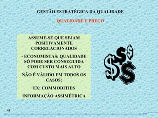 ASSUME-SE QUE SEJAM
POSITIVAMENTE
CORRELACIONADOS
- ECONOMISTAS: QUALIDADE
SÓ PODE SER CONSEGUIDA
COM CUSTO MAIS ALTO
NÃO É VÁLIDO EM TODOS OS
CASOS:
EX: COMMODITIES
INFORMAÇÃO ASSIMÉTRICA
GESTÃO ESTRATÉGICA DA QUALIDADE
QUALIDADE E PREÇO
45
JPAF
 