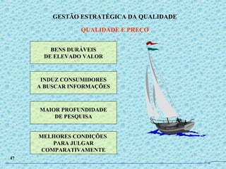 BENS DURÁVEIS
DE ELEVADO VALOR
INDUZ CONSUMIDORES
A BUSCAR INFORMAÇÕES
MAIOR PROFUNDIDADE
DE PESQUISA
MELHORES CONDIÇÕES
PARA JULGAR
COMPARATIVAMENTE
GESTÃO ESTRATÉGICA DA QUALIDADE
QUALIDADE E PREÇO
47
JPAF
 