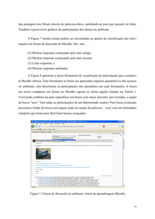 das postagens nos fóruns através de palavras-chave, aninhando-as para que possam ser lidas.
Também é possível ter gráficos de participações dos alunos no ambiente.

       A Figura 7 mostra aonde podem ser encontradas as opções de classificação das infor-
mações em fórum de discussão do Moodle. São elas:

       (1) Mostrar respostas começando pela mais antiga;
       (2) Mostrar respostas começando pela mais recente;
       (3) Listar respostas; e
       (4) Mostrar respostas aninhadas.

       A Figura 8 apresenta a única ferramenta de visualização de participação que o ambien-
te Moodle oferece. Esta ferramenta se limita em apresentar aspectos quantitativos dos acessos
no ambiente, sem discriminar as participações dos aprendizes em cada ferramenta. A busca
em textos completos em fóruns no Moodle suporta as várias opções listadas na Tabela 1.
Você pode combiná-las para especificar sua busca com maior precisão, por exemplo, a opção
de busca “user:” lista todas as participações de um determinado usuário Para busca avançada,
pressione o botão de busca sem digitar nada no campo de palavras – você verá um formulário
completo que torna mais fácil fazer buscas avançadas.




         Figura 7- Fórum de discussão no ambiente virtual de aprendizagem Moodle.



                                                                                           11
 