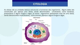 CITOLOGIA
As células são as unidades básicas estruturais e funcionais dos organismos. Alguns deles são
constituídos por apenas uma célula, sendo denominados unicelulares, como bactérias,
protozoários e alguns fungos e algas. Já outros organismos apresentam mais de uma célula,
sendo denominados multicelulares, como animais, plantas e alguns fungos e algas.
 