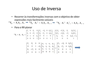 • Recorrer às transformações inversas com o objetivo de obter
expressões mais facilmente solúveis
• Para o RR planar
Uso de Inversa
 
