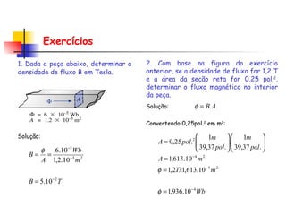 1. Dada a peça abaixo, determinar a densidade de fluxo B em Tesla.  Exercícios Solução:  2. Com base na figura do exercício anterior, se a densidade de fluxo for 1,2 T e a área da seção reta for 0,25 pol. 2 , determinar o fluxo magnético no interior da peça.  Solução:  Convertendo 0,25pol. 2  em m 2 : 