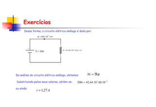 Exercícios Dessa forma, o circuito elétrico análogo é dado por: Da análise do circuito elétrico análogo, obtemos:     Substituindo pelos seus valores, obtém-se:   ou ainda: 
