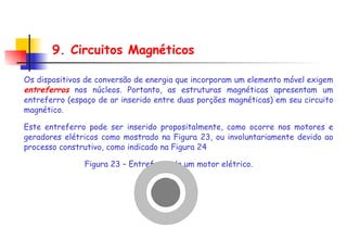 Os dispositivos de conversão de energia que incorporam um elemento móvel exigem  entreferros  nos núcleos. Portanto,  as estruturas magnéticas apresentam um entreferro (espaço de ar inserido entre duas porções magnéticas) em seu circuito magnético. Este entreferro pode ser inserido propositalmente, como ocorre nos motores e geradores elétricos como mostrado na Figura 23, ou involuntariamente devido ao processo construtivo, como indicado na Figura 24 Figura 23 – Entreferro de um motor elétrico.   9. Circuitos Magnéticos 