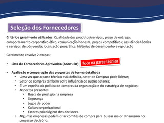Seleção dos Fornecedores
Critérios geralmente utilizados: Qualidade dos produtos/serviços; prazo de entrega;
comportamento corporativo ético; comunicação honesta; preços competitivos; assistência técnica
e serviços de pós-venda; localização geográfica; histórico de desempenho e reputação
Geralmente envolve 2 etapas:
• Lista de Fornecedores Aprovados (Short List)
• Avaliação e comparação das propostas de forma detalhada
• Uma vez que a parte técnica está definida, setor de Compras pode liderar;
• Setor de compras também sofre influência de outros setores;
• É um espelho da política de compras da organização e da estratégia de negócios;
• Aspectos presentes:
• Busca de prestígio na empresa
• Segurança
• Jogos de poder
• Cultura organizacional
• Fatores psicológicos dos decisores
• Algumas empresas podem criar comitês de compra para buscar maior dinamismo no
processo decisório;
 