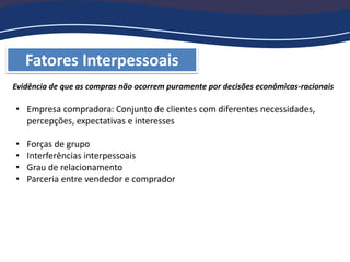 Fatores Interpessoais
Evidência de que as compras não ocorrem puramente por decisões econômicas-racionais
• Empresa compradora: Conjunto de clientes com diferentes necessidades,
percepções, expectativas e interesses
• Forças de grupo
• Interferências interpessoais
• Grau de relacionamento
• Parceria entre vendedor e comprador
 