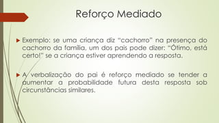 Reforço Mediado
 Exemplo: se uma criança diz “cachorro” na presença do
cachorro da família, um dos pais pode dizer: “Ótimo, está
certo!” se a criança estiver aprendendo a resposta.
 A verbalização do pai é reforço mediado se tender a
aumentar a probabilidade futura desta resposta sob
circunstâncias similares.
 