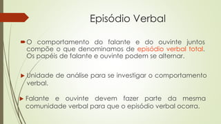 Episódio Verbal
 Falante e ouvinte devem fazer parte da mesma
comunidade verbal para que o episódio verbal ocorra.
O comportamento do falante e do ouvinte juntos
compõe o que denominamos de episódio verbal total.
Os papéis de falante e ouvinte podem se alternar.
 Unidade de análise para se investigar o comportamento
verbal.
 