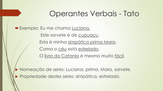Operantes Verbais - Tato
Exemplo: Eu me chama Luciana.
Este sorvete é de cupuaçu.
Esta é minha simpática prima Mara.
Como o céu está estrelado.
O livro do Catania é mesmo muito fácil.
 Nomeação de seres: Luciana, prima, Mara, sorvete.
 Propriedade destes seres: simpática, estrelado.
 