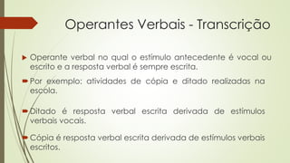Operantes Verbais - Transcrição
Por exemplo: atividades de cópia e ditado realizadas na
escola.
 Operante verbal no qual o estímulo antecedente é vocal ou
escrito e a resposta verbal é sempre escrita.
Ditado é resposta verbal escrita derivada de estímulos
verbais vocais.
Cópia é resposta verbal escrita derivada de estímulos verbais
escritos.
 
