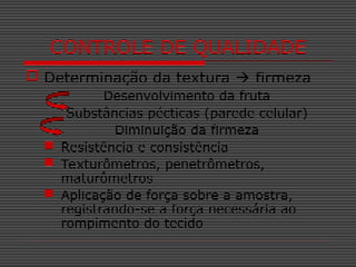  Determinação da textura  firmeza
Desenvolvimento da fruta
Substâncias pécticas (parede celular)
Diminuição da firmeza
 Resistência e consistência
 Texturômetros, penetrômetros,
maturômetros
 Aplicação de força sobre a amostra,
registrando-se a força necessária ao
rompimento do tecido
CONTROLE DE QUALIDADE
 