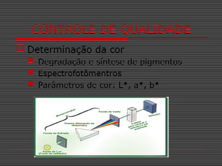  Determinação da cor
 Degradação e síntese de pigmentos
 Espectrofotômentros
 Parâmetros de cor: L*, a*, b*
CONTROLE DE QUALIDADE
 