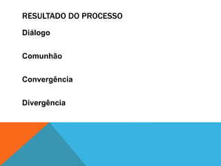 RESULTADO DO PROCESSO 
Diálogo 
Comunhão 
Convergência 
Divergência 
 