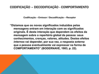 CODIFICAÇÃO – DECODIFICAÇÃO - COMPORTAMENTO 
Codificação – Emissor / Decodificação – Receptor 
“Dizíamos que os novos significados induzidos pelas 
mensagens entram em interação com os significados 
originais. É desta interação que dependem os efeitos da 
mensagem sobre o repertório global da pessoa: seus 
conhecimentos, crenças, valores, atitudes. Destes efeitos 
internos vai depender, por sua vez, a resposta externa 
que a pessoa eventualmente vai expressar na forma de 
COMPORTAMENTO” (BODERNAVE, 1983, p. 22). 
 