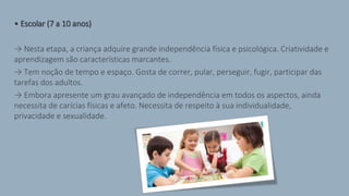 • Escolar (7 a 10 anos)
→ Nesta etapa, a criança adquire grande independência física e psicológica. Criatividade e
aprendizagem são características marcantes.
→ Tem noção de tempo e espaço. Gosta de correr, pular, perseguir, fugir, participar das
tarefas dos adultos.
→ Embora apresente um grau avançado de independência em todos os aspectos, ainda
necessita de carícias físicas e afeto. Necessita de respeito à sua individualidade,
privacidade e sexualidade.
 