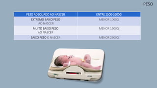 PESO ADEQUADO AO NASCER ENTRE 2500-3500G
EXTREMO BAIXO PESO
AO NASCER
MENOR 1000G
MUITO BAIXO PESO
AO NASCER
MENOR 1500G
BAIXO PESO O NASCER MENOR 2500G
PESO
 