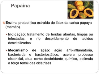 Papaína
Enzima proteolítica extraída do látex da carica papaya
(mamão).
 Indicação: tratamento de feridas abertas, limpas ou
infectadas; e no desbridamento de tecidos
desvitalizados
 Mecanismo de ação: ação anti-inflamatória,
bactericida e bacteriostático, acelera processo
cicatricial, atua como desbridante químico, estimula
a força tênsil das cicatrizes
 