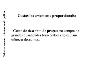 $ decrescem com o tamanho do pedido



                                         Custos inversamente proporcionais:


                                      –Custo de desconto de preços: na compra de
                                      grandes quantidades fornecedores costumam
                                      oferecer descontos;
 