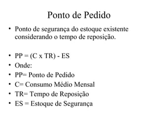 Ponto de Pedido
• Ponto de segurança do estoque existente
  considerando o tempo de reposição.

•   PP = (C x TR) - ES
•   Onde:
•   PP= Ponto de Pedido
•   C= Consumo Médio Mensal
•   TR= Tempo de Reposição
•   ES = Estoque de Segurança
 