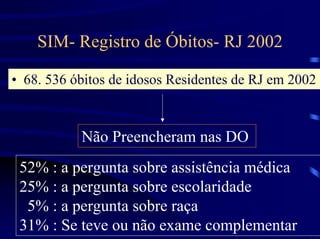 SIM- Registro de Óbitos- RJ 2002

• 68. 536 óbitos de idosos Residentes de RJ em 2002



           Não Preencheram nas DO
 52% : a pergunta sobre assistência médica
 25% : a pergunta sobre escolaridade
  5% : a pergunta sobre raça
 31% : Se teve ou não exame complementar
 