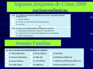 Algumas perguntas do Censo 2000
       socioeconômicas




Arranjo Familiar
 