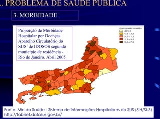 .. PROBLEMA DE SAÚDE PÚBLICA
     3. MORBIDADE

        Proporção de Morbidade
        Hospitalar por Doenças
        Aparelho Circulatório do
        SUS de IDOSOS segundo
        município de residência -
        Rio de Janeiro. Abril 2005




 Fonte: Min.da Saúde - Sistema de Informações Hospitalares do SUS (SIH/SUS)
 http://tabnet.datasus.gov.br/
 