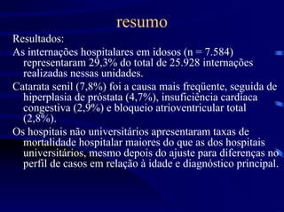 resumo
Resultados:
As internações hospitalares em idosos (n = 7.584)
  representaram 29,3% do total de 25.928 internações
  realizadas nessas unidades.
Catarata senil (7,8%) foi a causa mais freqüente, seguida de
  hiperplasia de próstata (4,7%), insuficiência cardíaca
  congestiva (2,9%) e bloqueio atrioventricular total
  (2,8%).
Os hospitais não universitários apresentaram taxas de
  mortalidade hospitalar maiores do que as dos hospitais
  universitários, mesmo depois do ajuste para diferenças no
  perfil de casos em relação à idade e diagnóstico principal.
 