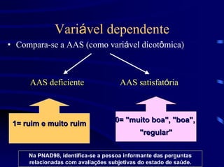 Variável dependente
• Compara-se a AAS (como variável dicotômica)



     AAS deficiente                  AAS satisfatória



 1= ruim e muito ruim              0= "muito boa", "boa",
                                            "regular"


     Na PNAD98, identifica-se a pessoa informante das perguntas
     relacionadas com avaliações subjetivas do estado de saúde.
 