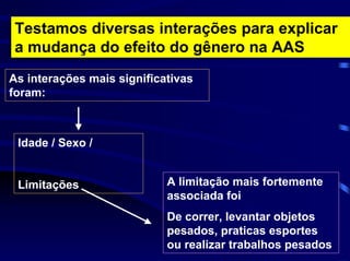 Testamos diversas interações para explicar
 a mudança do efeito do gênero na AAS
As interações mais significativas
foram:



 Idade / Sexo /


 Limitações                 A limitação mais fortemente
                            associada foi
                            De correr, levantar objetos
                            pesados, praticas esportes
                            ou realizar trabalhos pesados
 