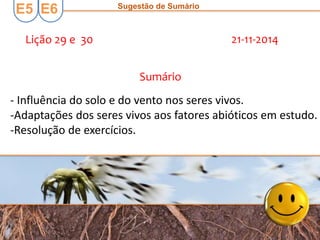 E5 E6 Sugestão de Sumário
Lição 29 e 30 21-11-2014
Sumário
- Influência do solo e do vento nos seres vivos.
-Adaptações dos seres vivos aos fatores abióticos em estudo.
-Resolução de exercícios.
 