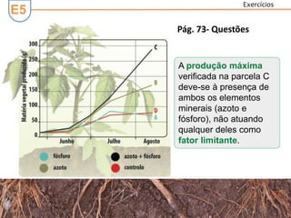 E5
Disponibilidade de água
Acidez
Salinidade
A produção máxima
verificada na parcela C
deve-se à presença de
ambos os elementos
minerais (azoto e
fósforo), não atuando
qualquer deles como
fator limitante.
Pág. 73- Questões
Exercícios
 