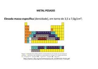 METAL PESADO
Elevada massa específica (densidade), em torno de 3,5 a 7,0g/cm³;
http://qnesc.sbq.org.br/online/qnesc33_4/199-CCD-7510.pdf
 