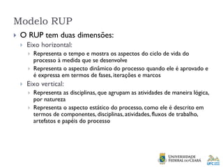 Modelo RUP
 O RUP tem duas dimensões:
 Eixo horizontal:
 Representa o tempo e mostra os aspectos do ciclo de vida do
processo à medida que se desenvolve
 Representa o aspecto dinâmico do processo quando ele é aprovado e
é expressa em termos de fases, iterações e marcos
 Eixo vertical:
 Representa as disciplinas, que agrupam as atividades de maneira lógica,
por natureza
 Representa o aspecto estático do processo, como ele é descrito em
termos de componentes, disciplinas, atividades, fluxos de trabalho,
artefatos e papéis do processo
 