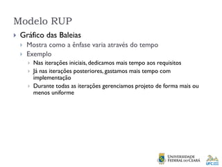 Modelo RUP
 Gráfico das Baleias
 Mostra como a ênfase varia através do tempo
 Exemplo
 Nas iterações iniciais, dedicamos mais tempo aos requisitos
 Já nas iterações posteriores, gastamos mais tempo com
implementação
 Durante todas as iterações gerenciamos projeto de forma mais ou
menos uniforme
 