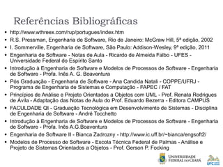 Referências Bibliográficas
▪ http://www.wthreex.com/rup/portugues/index.htm
▪ R.S. Pressman, Engenharia de Software, Rio de Janeiro: McGraw Hill, 5ª edição, 2002
▪ I. Sommerville, Engenharia de Software, São Paulo: Addison-Wesley, 9ª edição, 2011
▪ Engenharia de Software - Notas de Aula - Ricardo de Almeida Falbo - UFES -
Universidade Federal do Espírito Santo
▪ Introdução à Engenharia de Software e Modelos de Processos de Software - Engenharia
de Software - Profa. Inês A. G. Boaventura
▪ Pós Graduação - Engenharia de Software - Ana Candida Natali - COPPE/UFRJ -
Programa de Engenharia de Sistemas e Computação - FAPEC / FAT
▪ Princípios de Análise e Projeto Orientados a Objetos com UML - Prof. Renata Rodrigues
de Ávila - Adaptação das Notas de Aula do Prof. Eduardo Bezerra - Editora CAMPUS
▪ FACULDADE QI - Graduação Tecnológica em Desenvolvimento de Sistemas - Disciplina
de Engenharia de Software - André Tocchetto
▪ Introdução à Engenharia de Software e Modelos de Processos de Software - Engenharia
de Software - Profa. Inês A.G.Boaventura
▪ Engenharia de Software II - Bianca Zadrozny - http://www.ic.uff.br/~bianca/engsoft2/
▪ Modelos de Processo de Software - Escola Técnica Federal de Palmas - Análise e
Projeto de Sistemas Orientados a Objetos - Prof. Gerson P. Focking
 