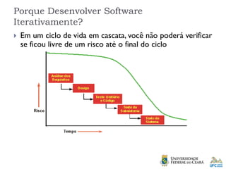 Porque Desenvolver Software
Iterativamente?
 Em um ciclo de vida em cascata, você não poderá verificar
se ficou livre de um risco até o final do ciclo
 