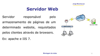 Montagem de redes
Jorge Muchacuar
Servidor Web
Servidor responsável pelo
armazenamento de páginas de um
determinado website, requisitados
pelos clientes através de browsers.
Ex: apache e IIS 7.
12
 