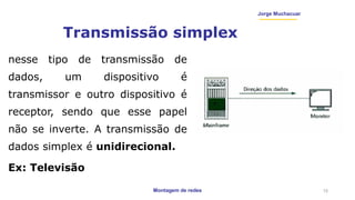 Montagem de redes
Jorge Muchacuar
Transmissão simplex
nesse tipo de transmissão de
dados, um dispositivo é
transmissor e outro dispositivo é
receptor, sendo que esse papel
não se inverte. A transmissão de
dados simplex é unidirecional.
Ex: Televisão
15
 
