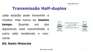 Montagem de redes
Jorge Muchacuar
Transmissão Half-duplex
cada estacão pode transmitir e
receber, mas nunca ao mesmo
tempo. Quando um dos
dipositivos está transmitindo o
outro está recebendo e vice-
versa.
EX: Radio Motorola
16
 