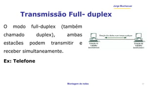 Montagem de redes
Jorge Muchacuar
Transmissão Full- duplex
O modo full-duplex (também
chamado duplex), ambas
estacões podem transmitir e
receber simultaneamente.
Ex: Telefone
17
 
