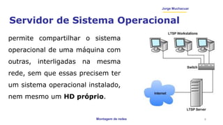 Montagem de redes
Jorge Muchacuar
Servidor de Sistema Operacional
permite compartilhar o sistema
operacional de uma máquina com
outras, interligadas na mesma
rede, sem que essas precisem ter
um sistema operacional instalado,
nem mesmo um HD próprio.
8
 